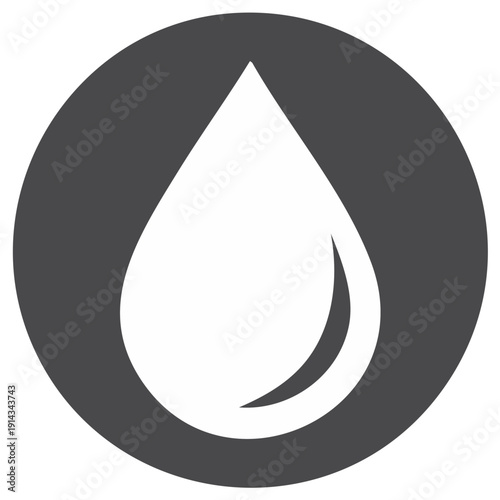 Modern graphic icon of a white water drop or liquid teardrop shape within a dark grey circle symbol