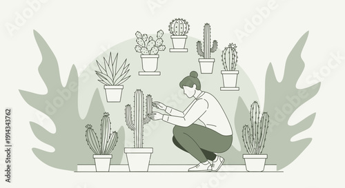 Woman Tending Cactus Plants in Potted Collection - Line Art Illustration