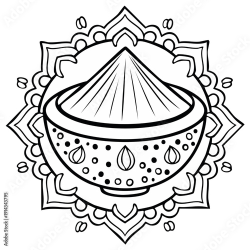 Traditional conical hat and decorative mandala pattern line art illustration