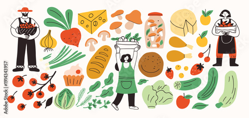 Set local market food. Farm agricultural workers or local farmers hold bucket and sell local food at market. Hand drawn simple ink vector illustration. Farming, agriculture or local organic production