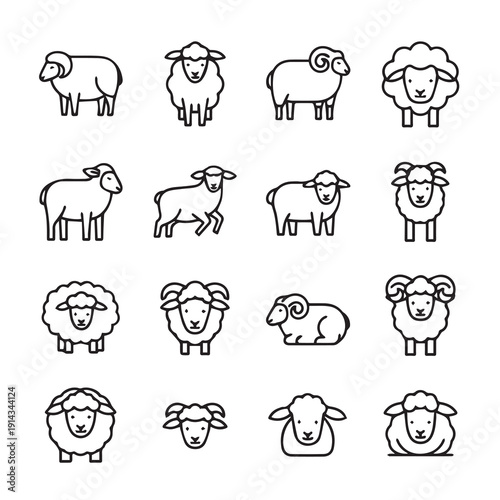 Collection of Sheep Icons and Line Art Illustrations on White Background