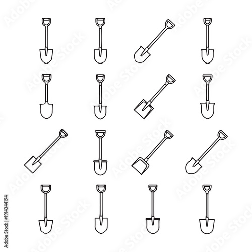 Collection of shovel outline icons in various styles and orientations on white background
