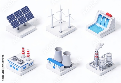 Innovative renewable energy representations showcasing solar panels wind turbines hydroelectric dam power plants and carbon emissions reduction strategies in a modern sustainable context