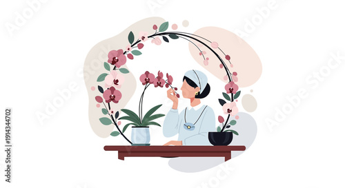 Woman Smelling Orchid Flowers in Botanical Frame, Spring Garden Illustration