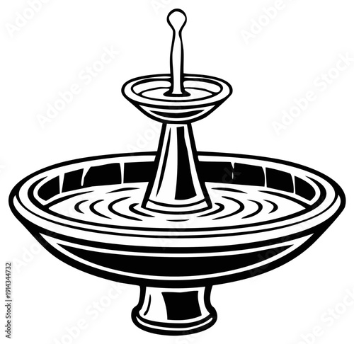 Black and white illustration of a classic water fountain with water flowing in circular patterns.