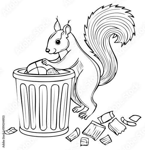 Squirrel reaching into a trash can with litter and trash.