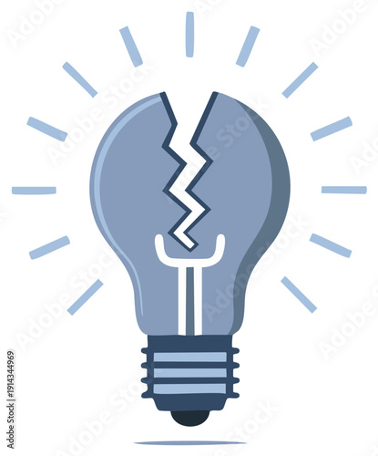 Broken light bulb with radiating light, symbolizing a lost idea or failed concept