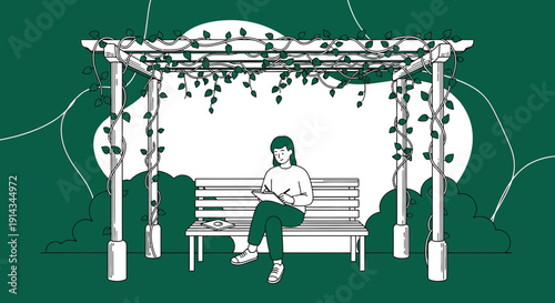 Woman Sketching Under Vine-Covered Pergola in Garden