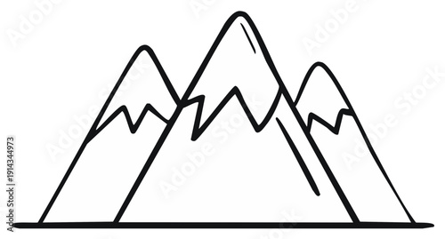 Hand drawn mountain peaks icon. Simple black line art sketch for travel and outdoor themes.