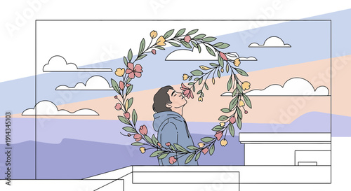 Woman smelling flowers in a wreath, watercolor vector, abstract floral pattern