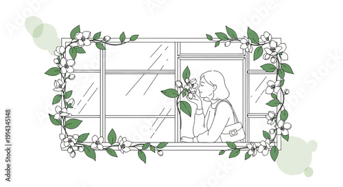 Woman Smelling Flowers Through Window, Nature Inspired Line Art