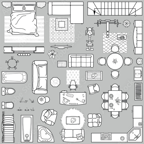 Set of furniture top view for apartments plan. The layout of the apartment design, technical drawing. Interior icon for bathrooms, living room, kitchen, bedroom, hallway . Vector illustration.