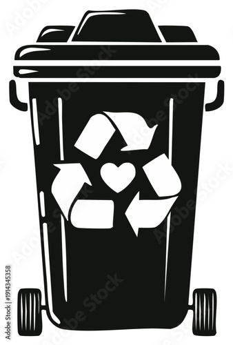 Black silhouette of a wheeled recycling bin featuring a heart symbol within the environmental arrows