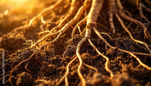 Tangled brown plant roots spread through dark fertile soil during golden hour sunlight with warm natural glow