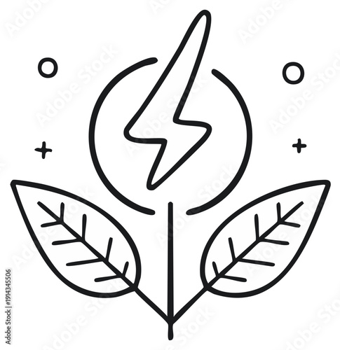 Green energy concept icon with a plant and lightning bolt symbol representing sustainable and renewable power.