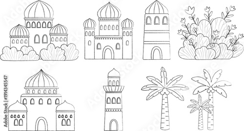 Middle eastern architecture and nature elements vector set on transparent background