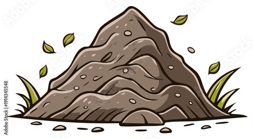 Hand drawn style dirt mound with soil, small pebbles, falling leaves, and green grass