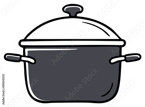Cartoon illustration of a closed cooking pot. Kitchenware with lid and handles, isolated kitchen equipment for food preparation
