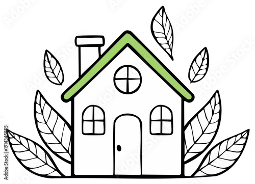 Cartoon house with green roof and surrounding leaves symbolizing eco-friendly living and nature