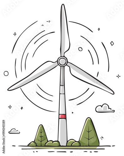Illustrated wind turbine generating renewable green energy near trees and clouds