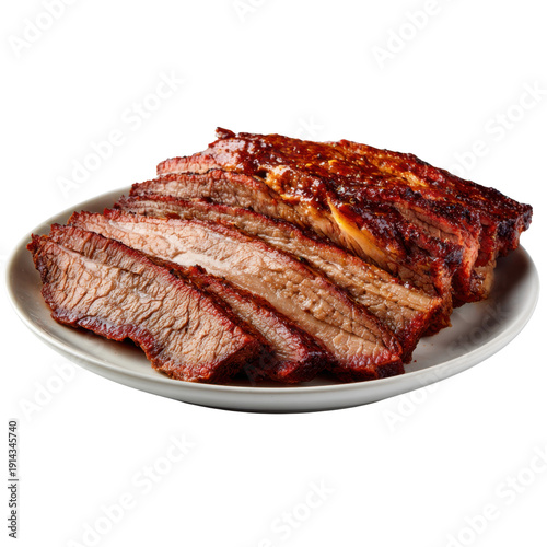 Tender Sliced BBQ Brisket with Juicy Fat on White Plate