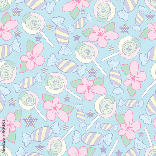 Easter seamless pattern with textured stars, lollipops, flowers, and candies in soft pastel colors. Playful spring repeat design ideal for textiles and festive surface applications.