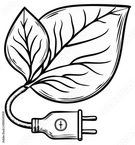 Leaf Shaped Electrical Plug Symbolizing Green Energy and Renewable Power