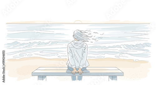 Woman Sitting on Beach Bench Looking at Ocean Waves, Peaceful Solitude