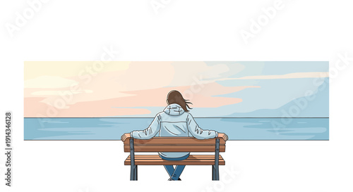 Woman Sitting on Bench Watching Sunrise Over Ocean, Peaceful Contemplation