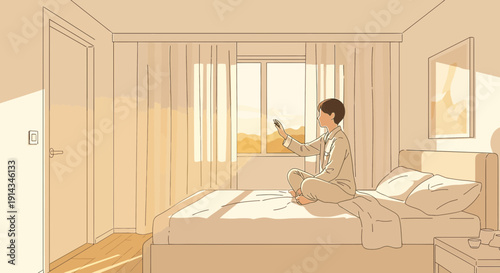 Woman Sitting on Bed Taking Photo of Sunrise Through Window