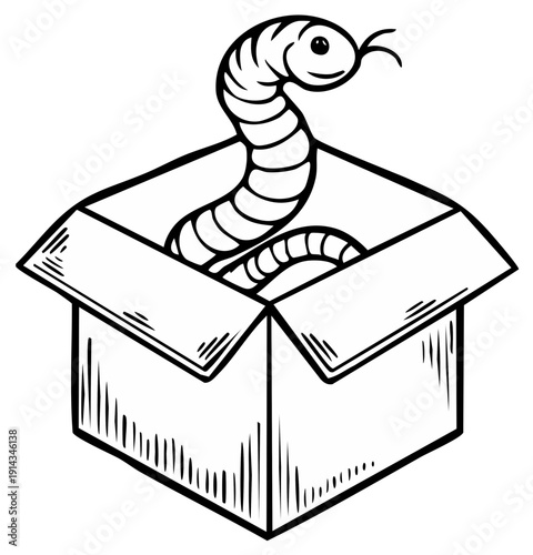 Cartoon snake popping out of a cardboard box in black and white