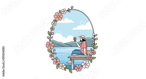 Woman Sitting on Dock Surrounded by Flowers, Peaceful Lakeside Scene