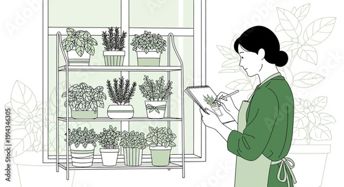 Woman Sketching Herbs on a Shelf by Window