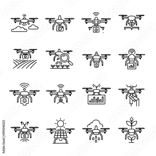 Drone Icons Set: Agriculture, Technology, Delivery, Data Analysis, Stock Media