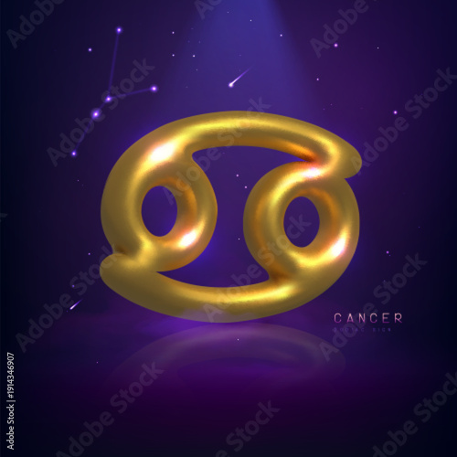 3d golden magic astrology Cancer zodiac sign and constellation on space background. Vector illustration