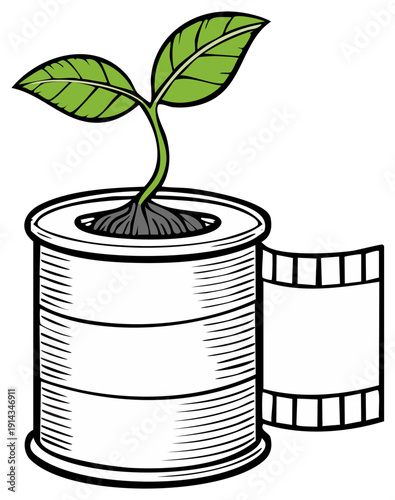 Green sprout grows from film reel symbolizing cinematic nature and environmental storytelling