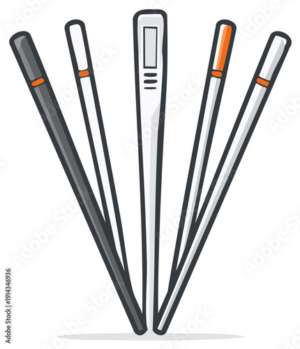 Collection of Assorted Chopsticks with Stylized Design and Decorative Bands Isolated on White Background