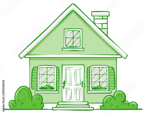 Charming green house with white trim windows and shutters and a chimney