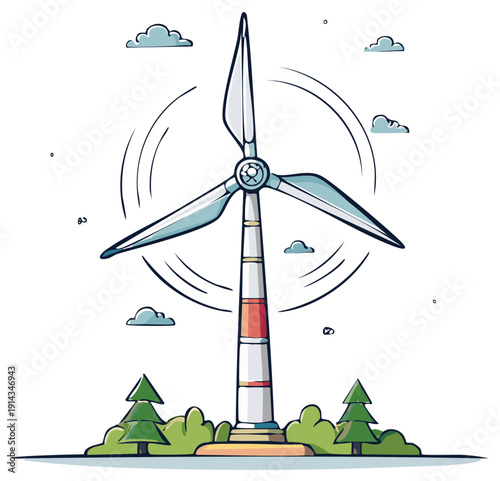 Illustrated wind turbine generating renewable energy in a cartoon style with trees and clouds