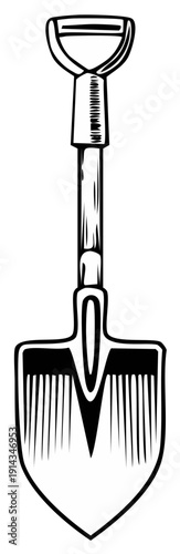 Vintage garden spade tool illustration with a D-shaped handle and metal blade detail