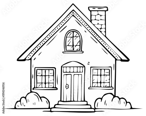 Charming hand drawn black outline house illustration with welcoming steps chimney and windows cute cozy home dwelling sketch