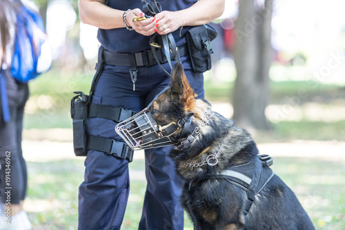 Quadro su tela Police officer handling trained K9 dog during public event, emphasizing law enfo