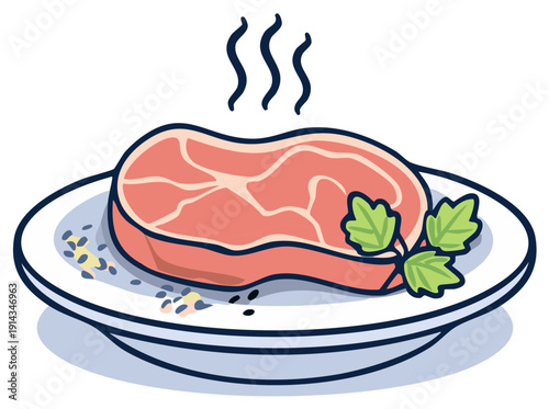 Steaming Raw Beef Steak with Parsley and Seasoning on a Plate