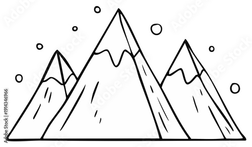 Simple Hand Drawn Mountain Range Illustration with Snowflakes for Coloring and Design.