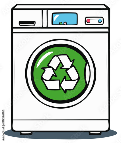 Modern washing machine with recycle symbol on door for environmentally friendly clothing washing and drying process