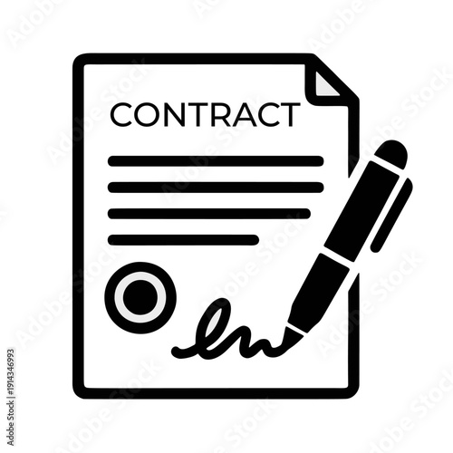 This professional business contract icon features a corporate figure combined with a handshake and the scales of justice, symbolizing a legally binding agreement and mutual trust. It represents the su
