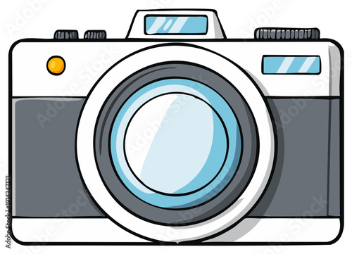 Hand drawn cartoon illustration of a retro photo camera with a large lens