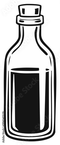 Black and white cartoon illustration of a glass bottle with cork stopper