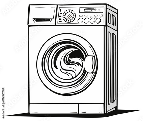 Washing Machine Appliance Vector Line Art Laundry Room Essential Item Equipment Household Interior Domestic Cleaning Tool