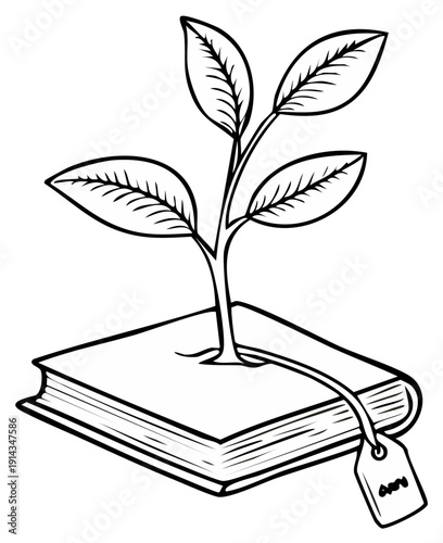 Plant Growing Out of an Open Book with Tag Symbolizing Knowledge and Growth